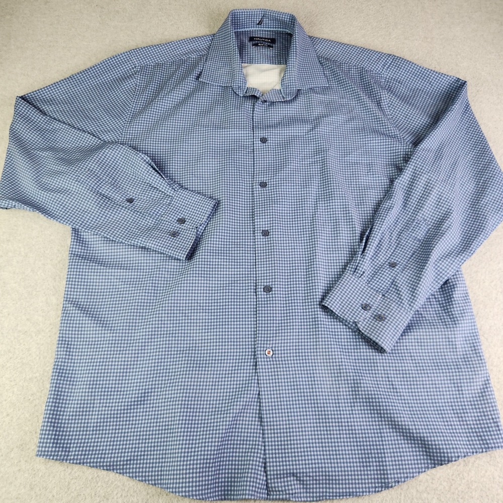 Nautica Dress Shirt Mens XL 17-17.5 34/35 Blue Slim Fit Gingham‎ Check Stretch